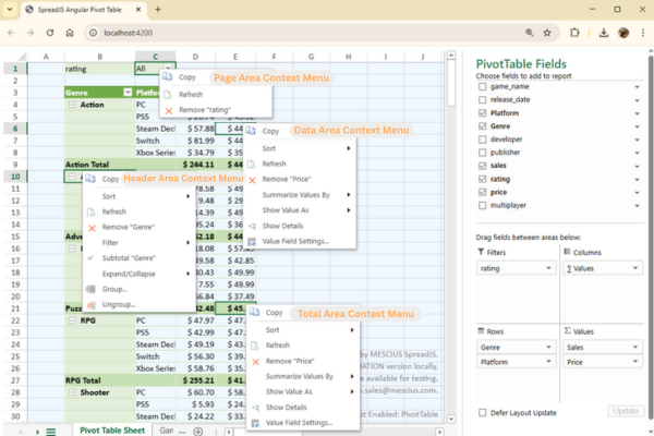 Pivot Table Context Menus in Angular Application